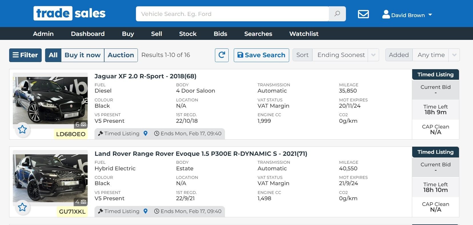 Screenshot of car auction in progress